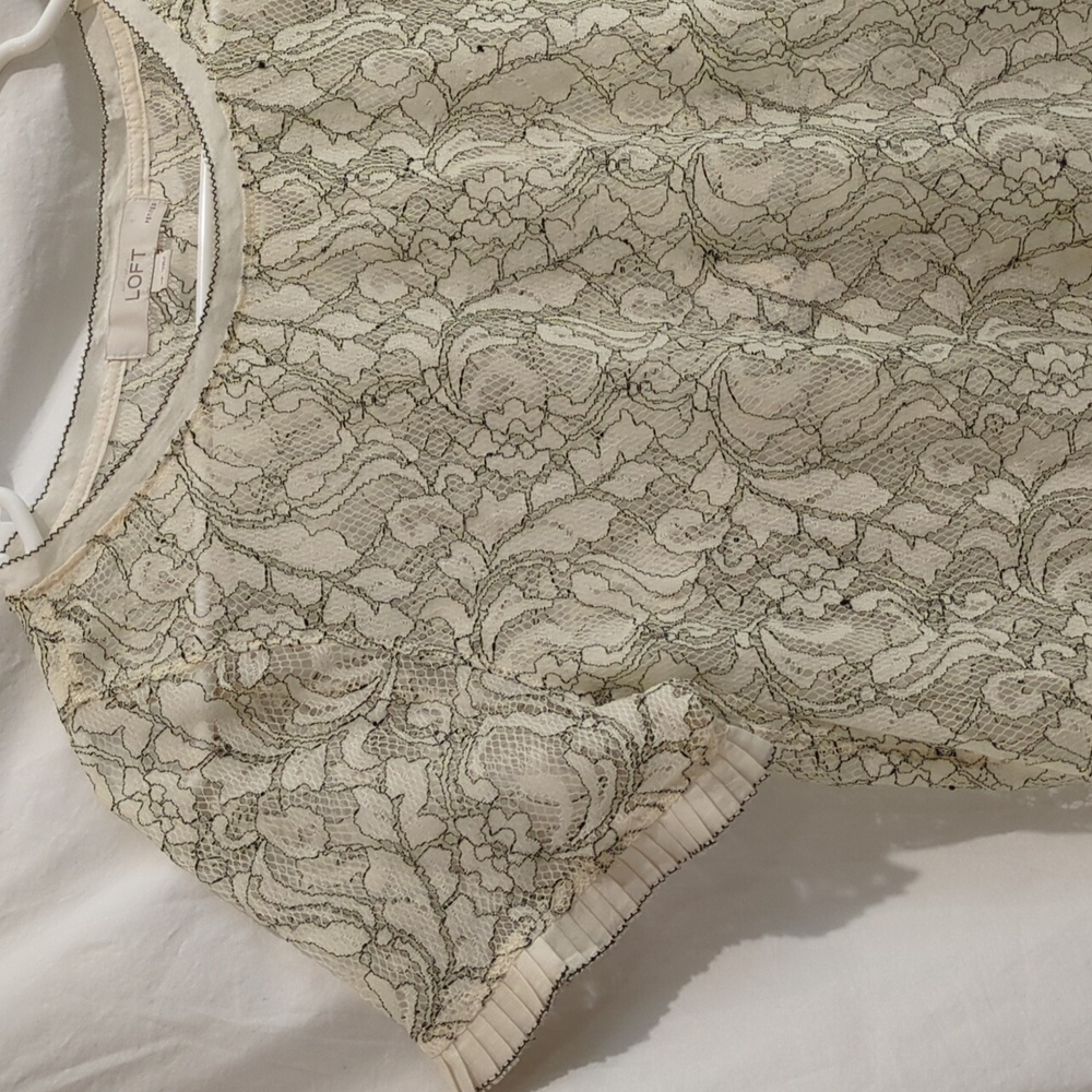 LOFT | Lace Short Sleeve Layering Top Ivory with Black Pleated Edging | MP